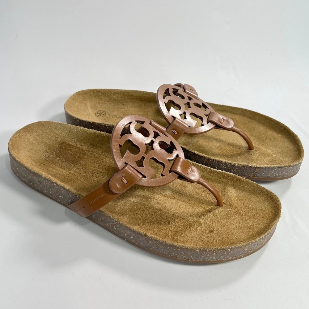 Tory Burch Miller Cloud Women‎ 9.5 Bourbon Miele Leather Double T Logo Sandal